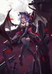 1girl alternate_costume bare_shoulders bat bat_wings black_dress black_gloves black_legwear blood blood_from_mouth boots cross detached_collar dress elbow_gloves full_body full_moon gloves hand_on_own_face hat highres mob_cap moon nangua_mache night purple_hair red_eyes red_ribbon remilia_scarlet ribbon short_hair sitting solo thigh-highs thigh_strap touhou wings 