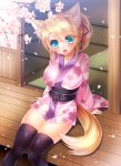  1girl animal_ears blonde_hair blue_eyes blush breasts dog_days fox_ears fox_tail hair_ribbon hlz japanese_clothes large_breasts long_hair looking_at_viewer open_mouth ponytail ribbon sitting solo tail thigh-highs yukikaze_panettone 