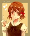  1girl bow brown_hair character_name eyebrows_visible_through_hair juni_argiano musical_note pointing pointing_up potepote quartett! school_uniform short_hair solo 