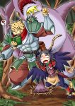  1girl ? armor aruse_yuushi book crab feathered_wings forest harpy long_hair monster_girl nature punching reading running scar shark smoking sword tiger tree weapon wings 