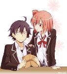  1boy 1girl ahoge banchii black_hair blazer book brown_eyes hair_bun hand_on_another&#039;s_shoulder highres hikigaya_hachiman orange_hair school_uniform sitting yahari_ore_no_seishun_lovecome_wa_machigatteiru. yuigahama_yui 