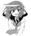  1girl :d anchor_symbol commentary_request fang hair_ornament hairclip highres ikazuchi_(kantai_collection) kantai_collection long_sleeves monochrome neckerchief open_mouth plover school_uniform serafuku short_hair smile solo upper_body 
