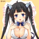  1girl absurdres arm_ribbon bare_shoulders black_hair blue_eyes blush bow breasts cleavage cleavage_cutout dress dungeon_ni_deai_wo_motomeru_no_wa_machigatteiru_darou_ka hair_ornament hair_ribbon hand_on_breast hands_on_own_chest hestia_(danmachi) highres large_breasts long_hair looking_at_viewer open_mouth rei_no_himo ribbon short_dress sleeveless sleeveless_dress solo twintails upper_body very_long_hair white_dress yua_(checkmate) 