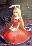  1girl absurdly_long_hair animal_ears blonde_hair book book_stack bookshelf commentary dress flower highres library long_hair looking_at_viewer original pixiv_fantasia pixiv_fantasia_t puffy_short_sleeves puffy_sleeves rabbit_ears red_dress red_eyes red_rose rose short_sleeves sishenfan solo stuffed_animal stuffed_bunny stuffed_toy very_long_hair 
