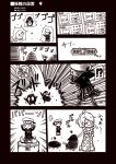  !? 2girls beret colombia_pose comic commentary drum_(container) failure_penguin fairy_(kantai_collection) hair_ornament hair_ribbon hairclip hat kantai_collection kouji_(campus_life) miss_cloud monochrome multiple_girls pleated_skirt ribbon short_hair skirt 