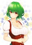  1girl adapted_costume breasts cleavage collarbone dirndl floral_background german_clothes green_hair hands_clasped highres interlocked_fingers kazami_yuuka large_breasts looking_at_viewer looking_to_the_side mattari_yufi plaid red_eyes short_hair short_sleeves smile solo touhou upper_body 