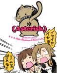  2girls animal_ears blush brown_hair cat cat_ears closed_eyes clothes_writing fang headphones headphones_around_neck idolmaster idolmaster_cinderella_girls inui_sekihiko maekawa_miku multiple_girls open_mouth paw_pose short_hair sweat tada_riina translation_request 