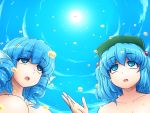  2girls blue_eyes blue_hair blue_sky breasts colored commentary drill_hair hair_bobbles hair_ornament hat head_fins kawashiro_nitori looking_up multiple_girls open_mouth shirosato short_hair sketch sky sun touhou twintails wakasagihime 