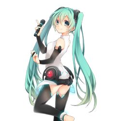  ass barefoot bridal_gauntlets elbow_gloves feet from_behind gloves green_eyes green_hair hatsune_miku highres kuroi_(liar-player) leotard long_hair looking_back microphone miku_append official_art smile thigh-highs twintails uchi_no_hime-sama_ga_ichiban_kawaii very_long_hair vocaloid vocaloid_append zettai_ryouiki 