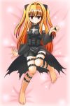  1girl angry bare_shoulders barefoot blonde_hair blush cleavage_cutout dakimakura detached_sleeves hair_ornament highres konjiki_no_yami leather leg_belt long_hair red_eyes skirt small_breasts solo takoyaki_shoujo thigh_strap to_love-ru twintails very_long_hair 