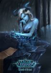  1girl bare_shoulders blue_skin breasts character_name cleavage copyright_name grey_eyes highres horns ice league_of_legends lissandra long_hair paper reflection solo tnwjd2tkfkd white_hair 