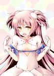  1girl artist_name breasts cleavage cleavage_cutout gloves goddess_madoka hikaru_310 kaname_madoka long_hair mahou_shoujo_madoka_magica open_mouth pink_hair rei_no_himo ribbon solo spoilers twitter_username two_side_up white_gloves yellow_eyes 