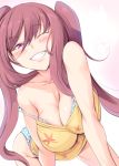  1girl bare_shoulders bent_over breasts cleavage grin large_breasts long_hair looking_at_viewer original pink_eyes polka_dot redhead smile solo twintails usyuuri very_long_hair winking 