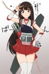  1girl akagi_(kantai_collection) arrow bishoujo_senshi_sailor_moon black_hair bow_(weapon) brown_eyes cerasus choker commentary_request cosplay cowboy_shot earrings elbow_gloves flight_deck gloves gradient gradient_background grey_background hand_on_hip headband hino_rei jewelry kantai_collection knees_touching long_hair looking_at_viewer magical_girl muneate ofuda pleated_skirt quiver red_skirt sailor_mars skirt solo star tasuki thigh-highs thigh_gap translation_request v weapon white_background white_legwear yugake 