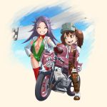  2girls abazu-red bodysuit brown_eyes brown_hair chibi closed_eyes detached_sleeves headwear_removed helmet helmet_removed highres jun&#039;you_(kantai_collection) kantai_collection leotard long_hair motor_vehicle motorcycle multiple_girls purple_hair racequeen ryuujou_(kantai_collection) thigh-highs twintails vehicle visor_cap 