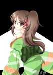  1girl amagi_(kantai_collection) brown_eyes brown_hair chize clothes_down flat_gaze flower from_behind furisode hair_flower hair_ornament japanese_clothes kantai_collection kimono long_hair looking_at_viewer mole off_shoulder ponytail 