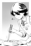  1boy chopsticks gradient gradient_background horikawa_kunihiro male_focus mitsudomoe_(shape) mizuhara_aki monochrome musical_note obentou solo tomoe_(symbol) touken_ranbu white_border 