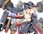  1girl bare_shoulders bismarck_(kantai_collection) blonde_hair blue_eyes breasts chestplate gloves hat highres inaba_sunimi kantai_collection large_breasts long_hair looking_at_viewer mecha_musume military military_uniform outstretched_arm peaked_cap smile solo thigh-highs uniform upper_body white_background 