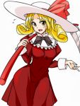  1girl asagaya bangs blonde_hair dress elly hat large_hat looking_at_viewer lotus_land_story over_shoulder parted_bangs red_dress scythe short_hair solo touhou touhou_(pc-98) weapon weapon_over_shoulder yellow_eyes 