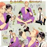  2boys alcohol barefoot beer beer_can black_gloves black_hair black_necktie bottle cameo closed_eyes cup drinking earrings eyepatch fingernails gloves grin iwatooshi japanese_clothes jewelry keiko_(sc_kei) kimono long_fingernails male_focus multiple_boys necktie no_shoes open_mouth orange_hair sake_bottle sharp_teeth shokudaikiri_mitsutada short_hair shorts shouchuu_(drink) sitting smile socks sweat touken_ranbu translation_request twitter_username wine_bottle wine_glass yagen_toushirou 