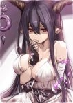  1girl bare_shoulders black_hair breasts cleavage_cutout demon_girl demon_horns dress fingerless_gloves gloves hand_to_own_mouth highres horns inou_shin large_breasts looking_at_viewer nervous original pointy_ears red_eyes solo white_dress 