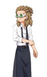  1boy brown_hair dress_shirt goggles hairlocs inazuma_eleven_(series) inazuma_eleven_go kidou_yuuto long_hair male_focus maron_(quintet_colors) necktie shirt simple_background solo undone_necktie white_background 