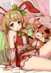  animal_ears arm_support bare_shoulders belt blonde_hair blush brown_hair character_request eyebrows eyebrows_visible_through_hair fake_animal_ears granblue_fantasy leotard long_hair looking_at_viewer open_mouth rabbit_ears sakamoto-cat sitting vee_(granblue_fantasy) 