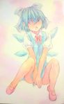  1girl blue_eyes blue_hair bow chestnut_mouth cirno covering covering_crotch dress full_body hair_between_eyes hair_bow highres ice ice_wings no_socks open_mouth pink_background puffy_short_sleeves puffy_sleeves red_shoes shoes short_hair short_sleeves sitting solo touhou traditional_media v_arms watercolor_(medium) wings yuyu_(00365676) 