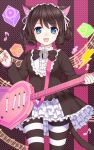  1girl animal_ears bell black_hair cat_ears cat_tail curly_hair cyan_(show_by_rock!!) dress fangs ikeda_yuuki instrument show_by_rock!! solo striped tail thigh-highs 
