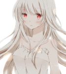  1girl albino backlighting bare_shoulders breasts collarbone commentary dress hiro_(hirohiro31) large_breasts long_hair looking_at_viewer original red_eyes simple_background solo strapless_dress upper_body very_long_hair white_dress white_hair 