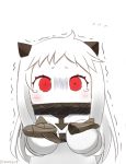  1girl ahoge airplane commentary_request dress horns kantai_collection long_hair mittens northern_ocean_hime red_eyes rexlent shinkaisei-kan simple_background tearing_up tears white_background white_dress white_hair 