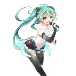  barefoot bridal_gauntlets elbow_gloves feet gloves green_eyes green_hair hatsune_miku highres kuroi_(liar-player) leg_lift leotard long_hair microphone miku_append official_art open_mouth singing smile thigh-highs twintails uchi_no_hime-sama_ga_ichiban_kawaii very_long_hair vocaloid vocaloid_append zettai_ryouiki 