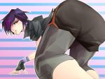  1girl all_fours ass big_hero_6 bike_shorts_under_shorts black_hair blush brown_eyes chuubatsu_nagano fingerless_gloves from_behind gloves gogo_tomago hair_over_one_eye jacket looking_back multicolored_hair purple_hair short_hair short_shorts shorts solo striped striped_background wristband 