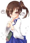  1girl ? blue_skirt blush brown_eyes brown_hair closed_mouth highres japanese_clothes kaga_(kantai_collection) kantai_collection kisa_(k_isa) nose_blush pleated_skirt ponytail short_hair side_ponytail simple_background skirt solo spoken_question_mark white_background 