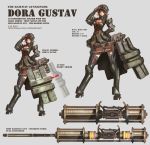  1girl absurdres breasts brown_eyes brown_hair character_sheet cleavage cleavage_cutout commentary full_body gun hat highres huge_weapon len_brew long_legs pixiv_fantasia pixiv_fantasia_t pointy_ears solo weapon 