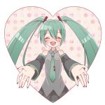  1girl aqua_hair aqua_nails bare_shoulders blush closed_eyes detached_sleeves hatsune_miku heart long_hair nail_polish necktie open_mouth outstretched_arms skirt sleeveless smile solo taro_(kiimakaree) twintails vocaloid 