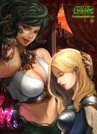  2girls absurdres adjusting_another&#039;s_hair armor blonde_hair breasts cassiopeia_du_couteau cleavage closed_eyes highres lamia league_of_legends long_hair luxanna_crownguard midriff monster_girl multiple_girls snake_hair tnwjd2tkfkd violet_eyes 