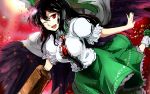  1girl arm_cannon black_hair black_wings bow breasts cape hair_bow large_breasts long_hair one_eye_closed open_mouth puffy_short_sleeves puffy_sleeves red_eyes reiuji_utsuho shirt short_sleeves sinzan skirt smile solo third_eye touhou very_long_hair weapon wings 
