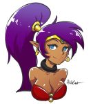  1girl akairiot arms_behind_back bandeau blue_eyes breasts choker cleavage dark_skin earrings forehead_jewel hoop_earrings jewelry large_breasts long_hair pointy_ears ponytail purple_hair shantae shantae_(character) smile solo tiara upper_body very_long_hair white_background 