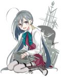  1girl ahoge aoi_rin_(miya1102) grey_eyes grey_hair kantai_collection kiyoshimo_(kantai_collection) long_hair machinery open_mouth school_uniform smile solo turret twintails uniform 