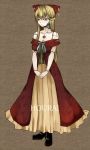  1girl aoshima blonde_hair bow breasts brown_dress chain cleavage collarbone doll_joints dress grey_eyes hair_bow highres hourai_doll large_breasts layered_dress long_hair off_shoulder red_dress solo steampunk touhou v_arms very_long_hair 