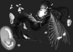  1girl absurdres closed_eyes dress highres long_hair monochrome san_(pixiv2402528) solo wings 