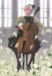  1girl black_shoes bow bow_(instrument) cello chair ezu flower giselle_stolzenberg green_eyes instrument pantyhose petals playing_instrument ponytail quartett! school_uniform sitting white_hair window 