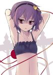  1girl arai_togami armpits arms_up bra collarbone frilled_bra frills hairband heart highres komeiji_satori looking_at_viewer midriff navel open_mouth pink_eyes pose purple_bra purple_hair shaded_face small_breasts solo touhou underwear upper_body 