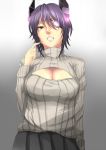  1girl blush breasts cleavage endou_(zettai_bluenoid) eyepatch headgear highres kantai_collection large_breasts open-chest_sweater purple_hair ribbed_sweater short_hair skirt solo sweater tenryuu_(kantai_collection) yellow_eyes 