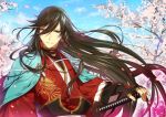  1boy black_hair blue_eyes braid cherry_blossoms izumi-no-kami_kanesada japanese_clothes ot-nm petals side_braid smile sword touken_ranbu tree weapon 