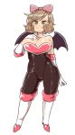  1girl bare_shoulders bat_wings bodysuit boots bow breasts brown_hair cosplay gloves green_eyes hair_bow haruka_(senran_kagura) inkerton-kun large_breasts looking_at_viewer rouge_the_bat rouge_the_bat_(cosplay) senran_kagura senran_kagura_(series) simple_background smile solo sonic_the_hedgehog white_background white_boots white_gloves wings 