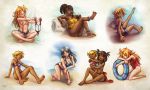  anklet armlet bangle barefoot bikini black_hair blush bracelet braid brown_hair child coconut dark_skin drink embarrassed feet highres jewelry les_chevaucheurs long_hair maxa&#039; one-piece_swimsuit phenice_walholl redhead short_hair shorts soles straw swimsuit tild_-_mage_a_louer tild_framith toe_ring toes topless 
