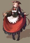  1girl animal_ears blush breasts brooch brown_hair dress imaizumi_kagerou jewelry long_hair long_sleeves looking_at_viewer nama_shirasu open_mouth pantyhose red_eyes smile solo stocking_feet touhou wide_sleeves wolf_ears 