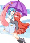  2girls :d blue_eyes blue_hair blush boots bow covered_mouth flat_gaze geta hair_bow heterochromia high_collar hug jumping looking_at_viewer multiple_girls open_mouth puchimirin red_eyes sekibanki short_hair skirt smile tatara_kogasa touhou tunic umbrella 